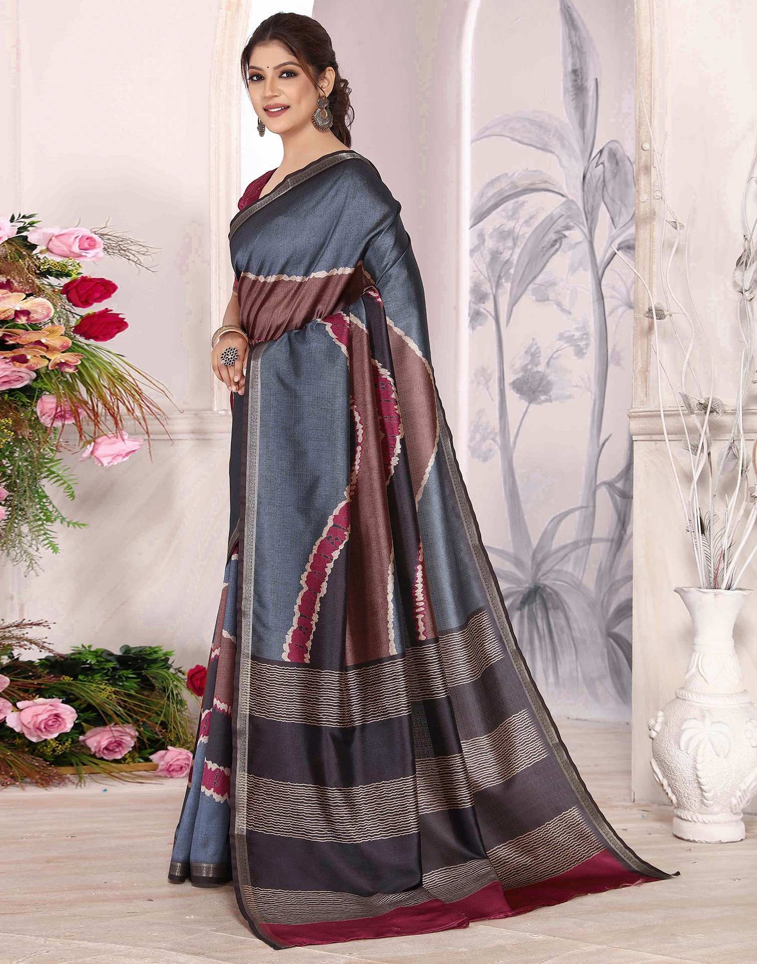 Grey Silk Printed Saree
