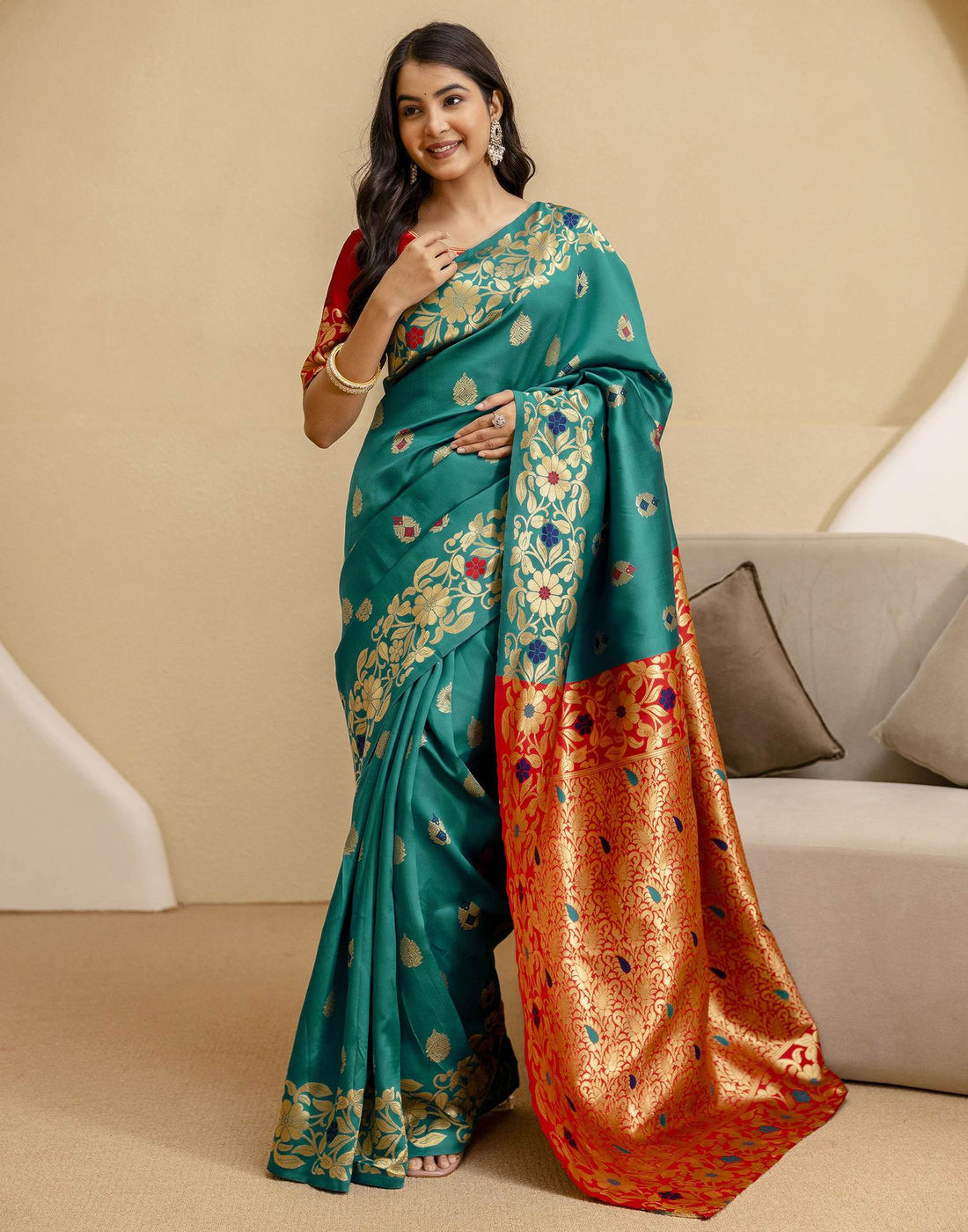 Teal Green Silk Woven Saree