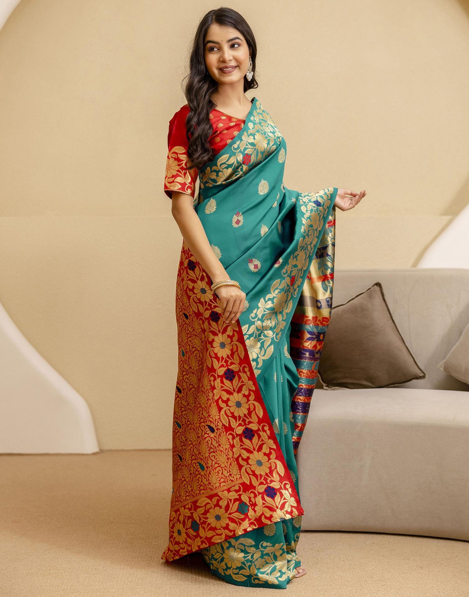 Teal Green Silk Woven Saree