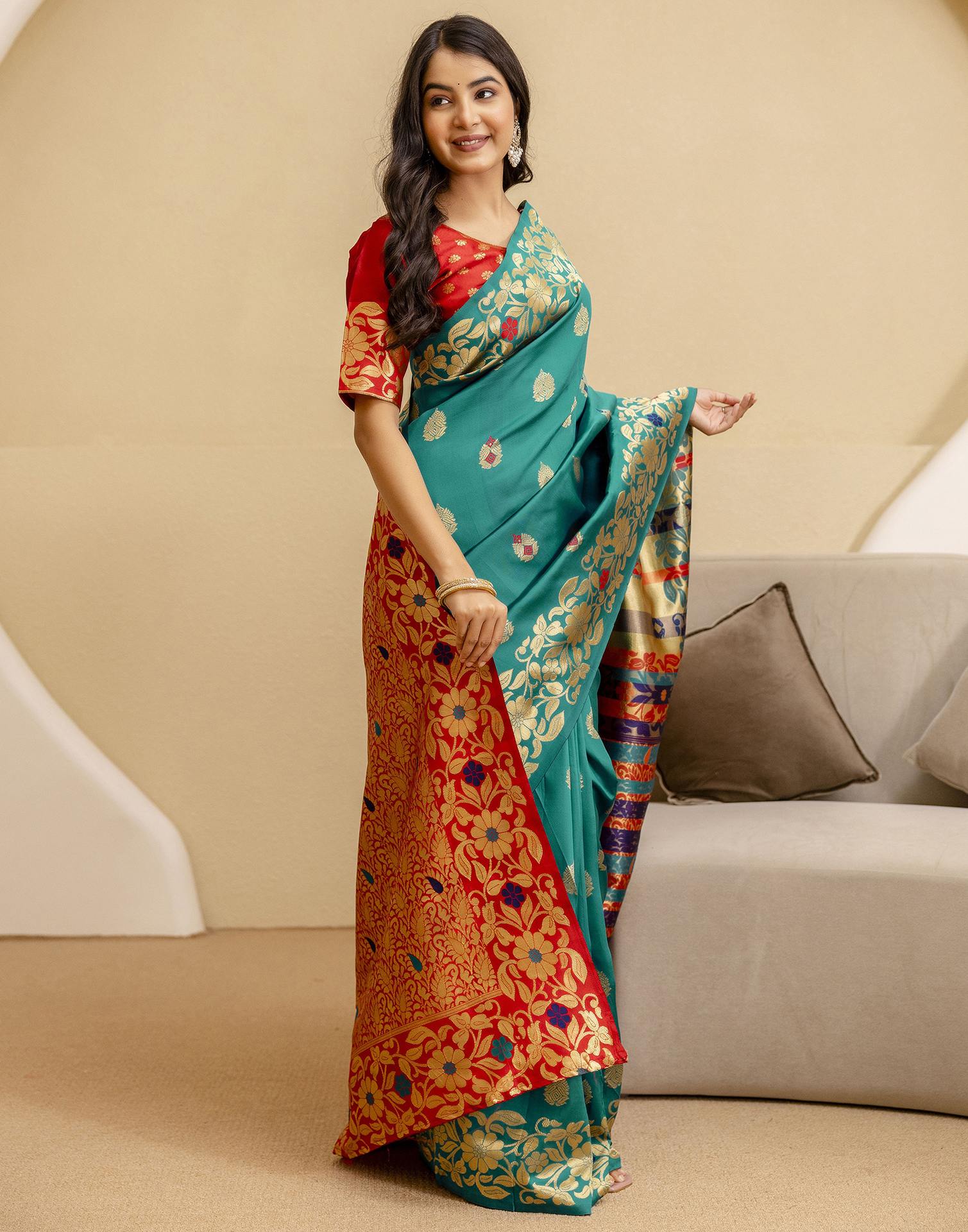Teal Green Silk Woven Saree