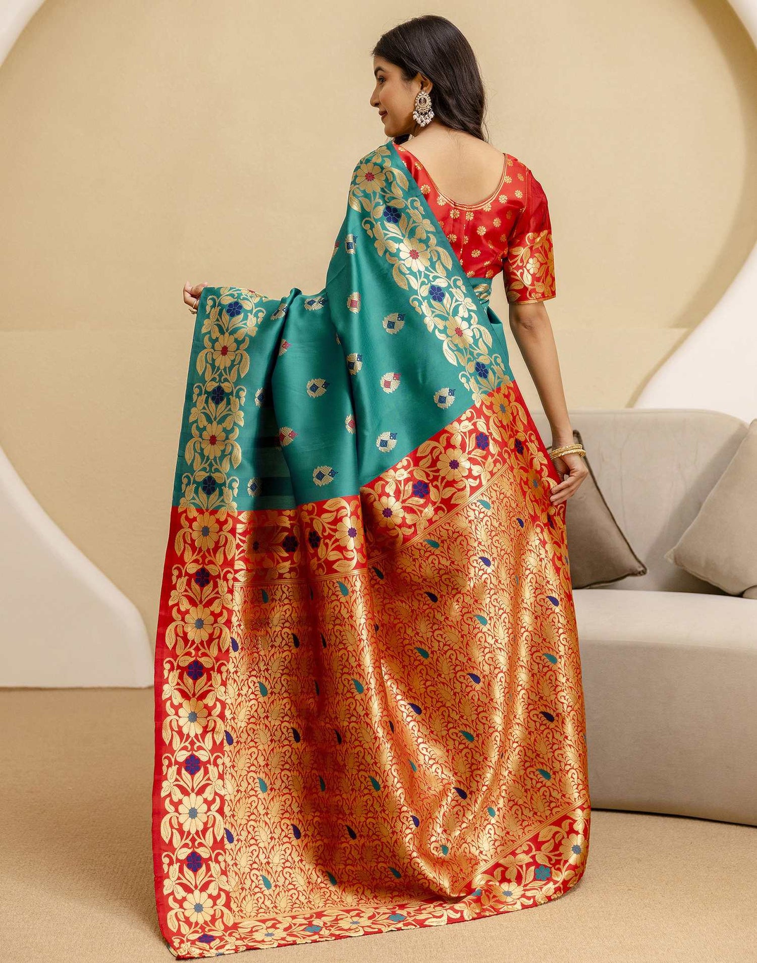 Teal Green Silk Woven Saree