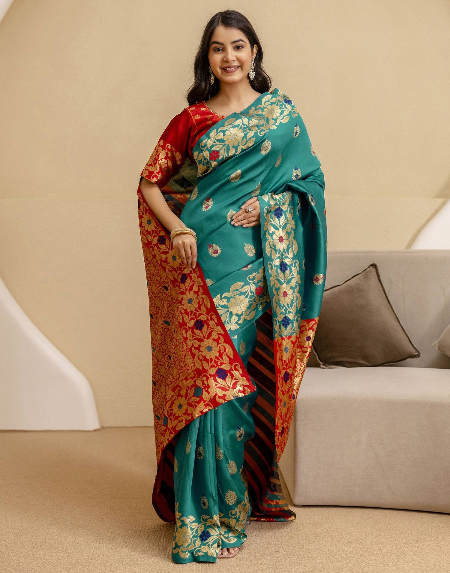 Teal Green Silk Woven Saree