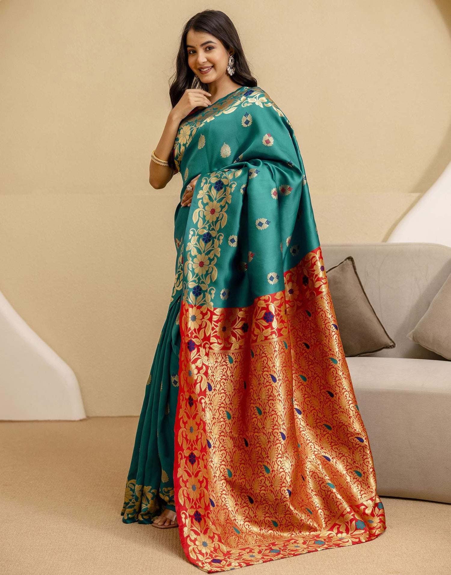 Teal Green Silk Woven Saree