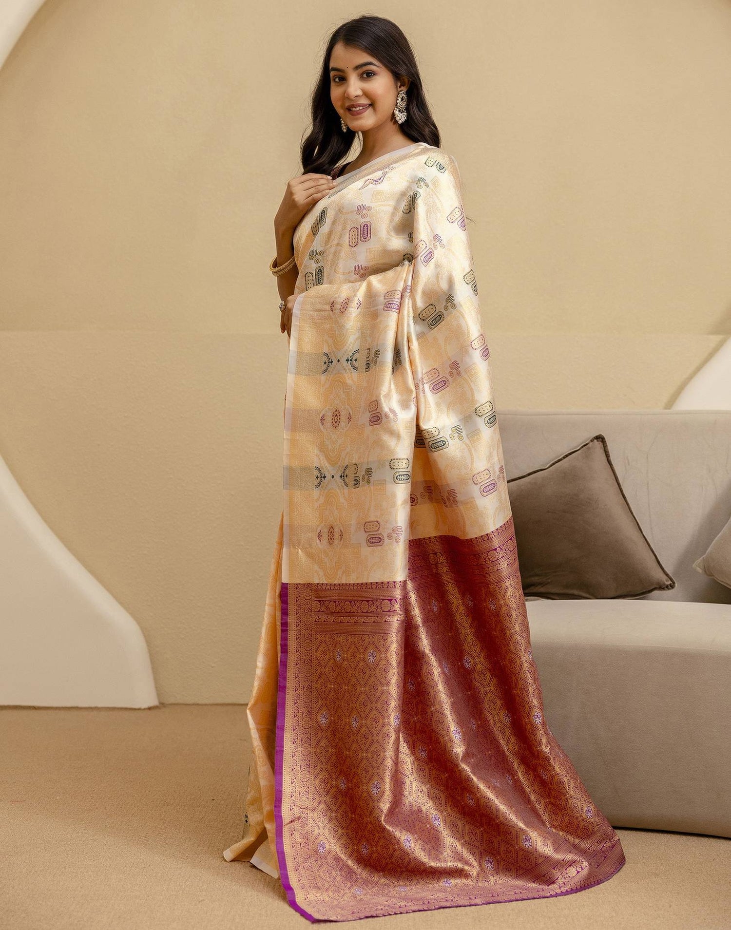 Off White Silk Woven Saree