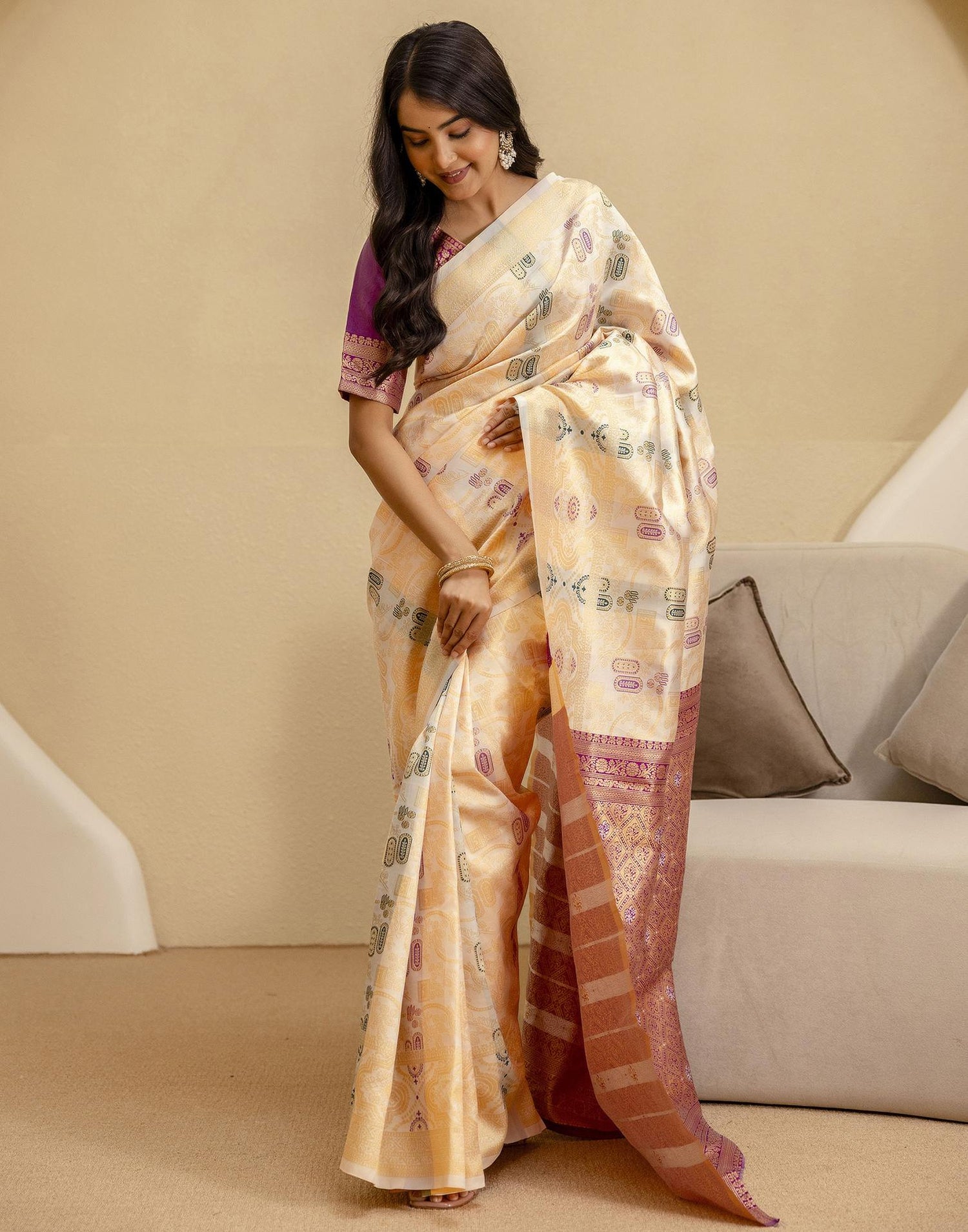 Off White Silk Woven Saree