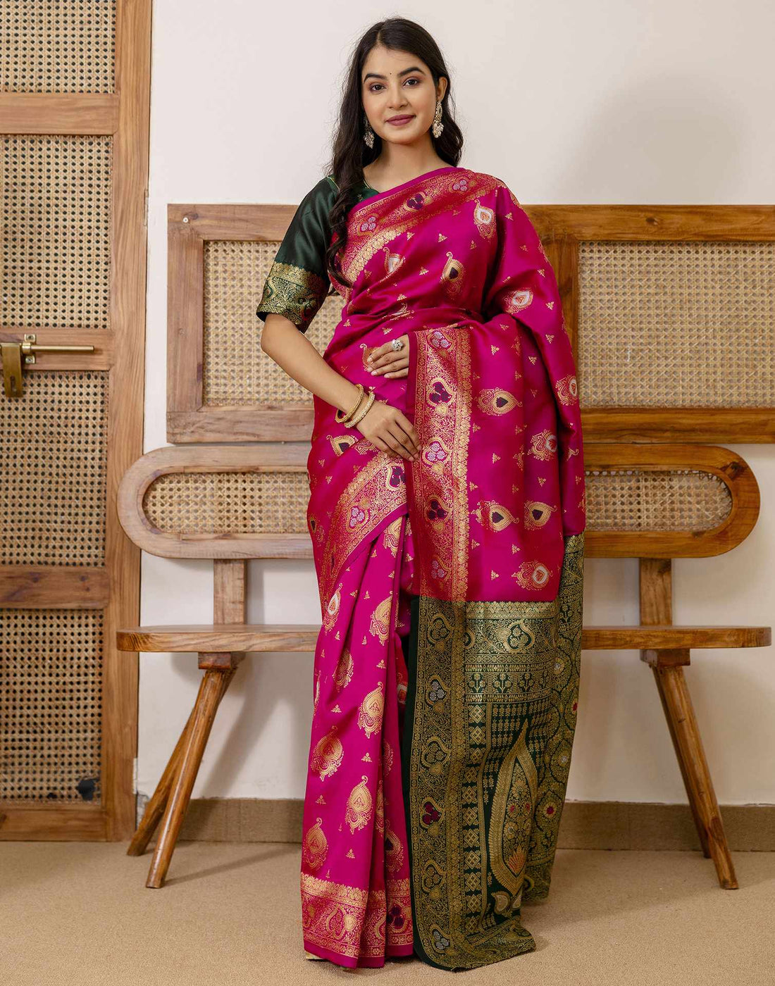 Rani Pink Silk Woven Banarasi Saree
