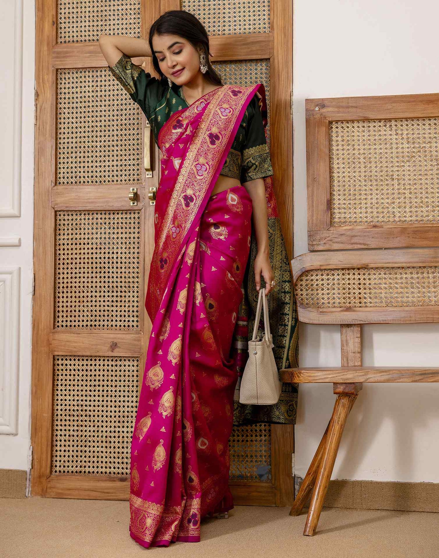 Rani Pink Silk Woven Banarasi Saree