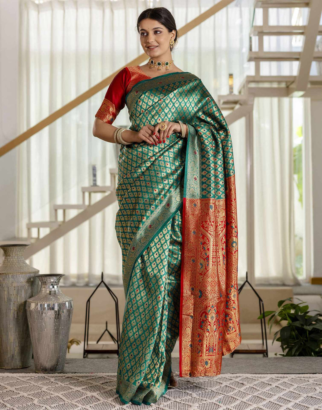 Teal Blue Silk Woven Banarasi Saree