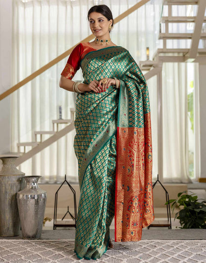 Teal Blue Silk Woven Banarasi Saree
