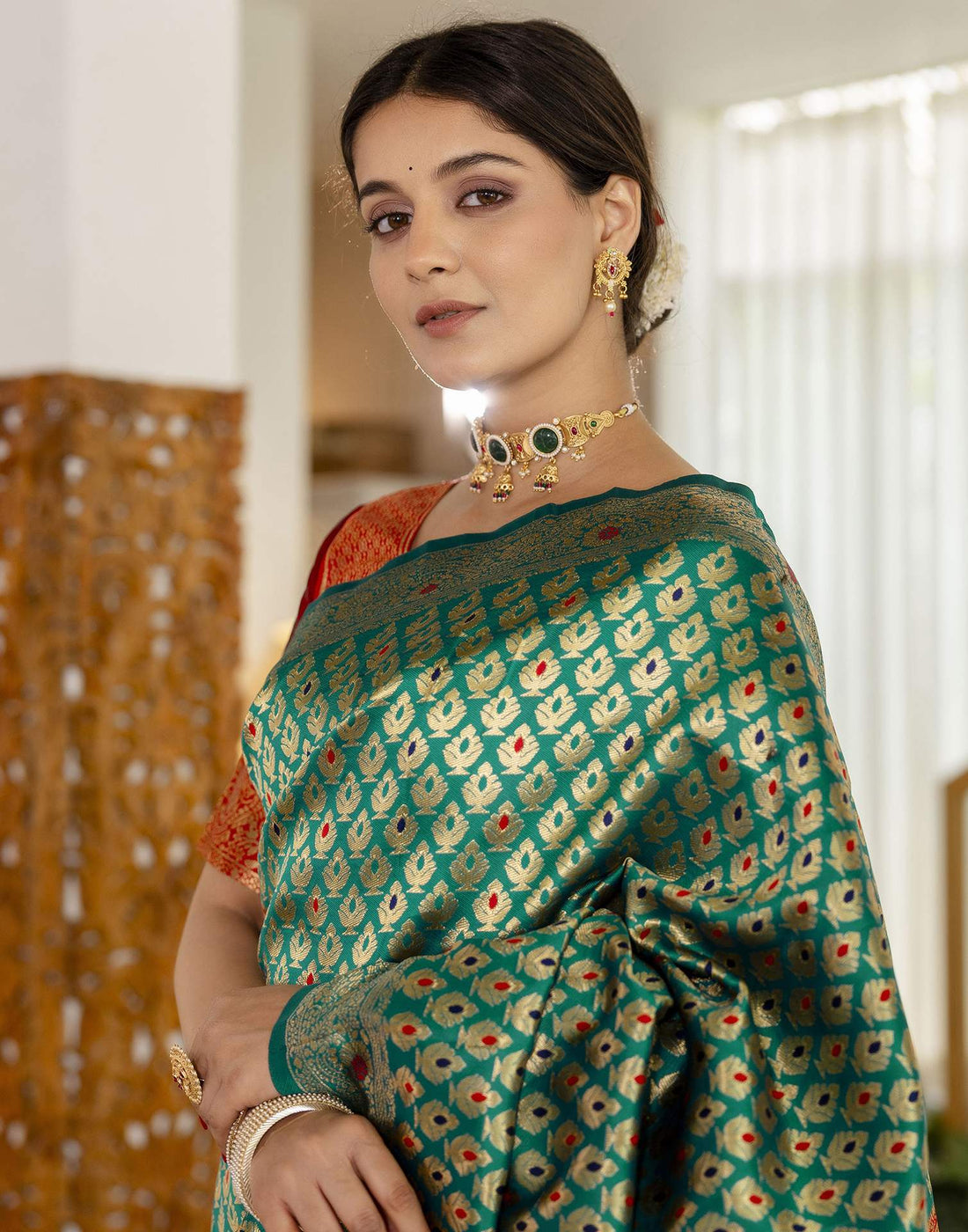 Teal Blue Silk Woven Banarasi Saree