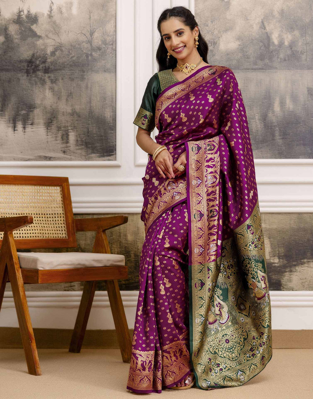 Wine Silk Woven Saree
