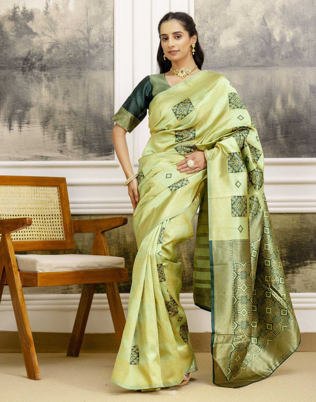 Pista Green Silk Woven Saree