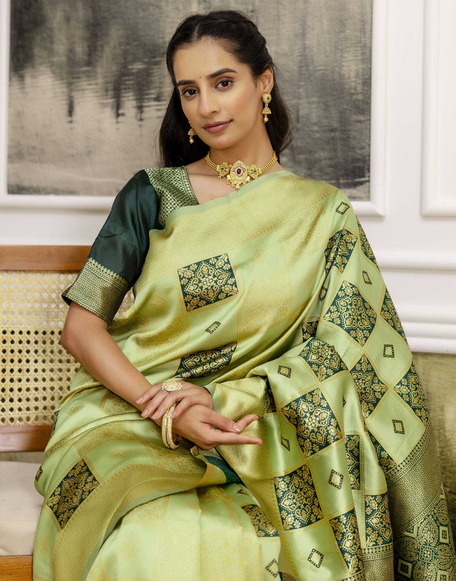Pista Green Silk Woven Saree