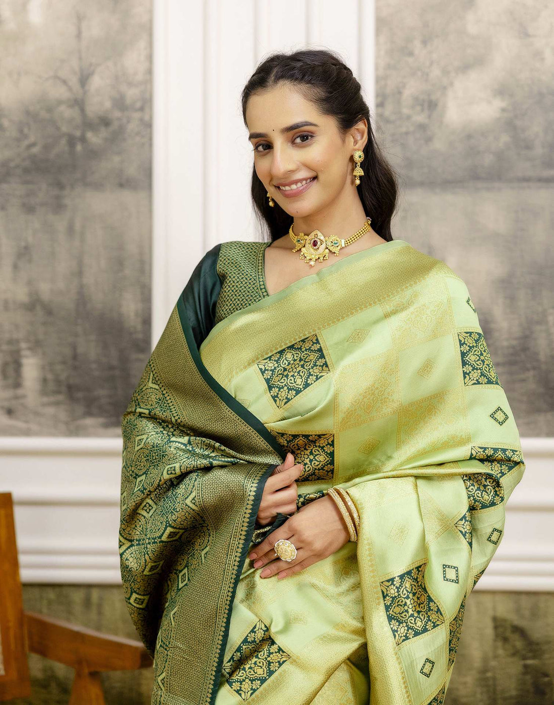 Pista Green Silk Woven Saree