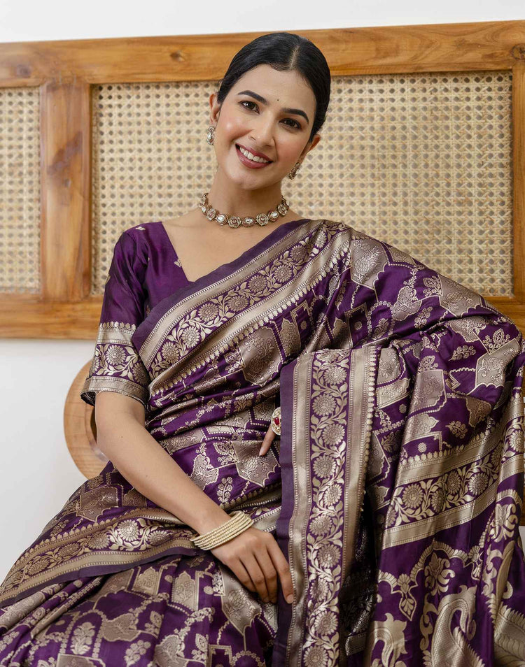 Dark Purple Silk Woven Banarasi Saree