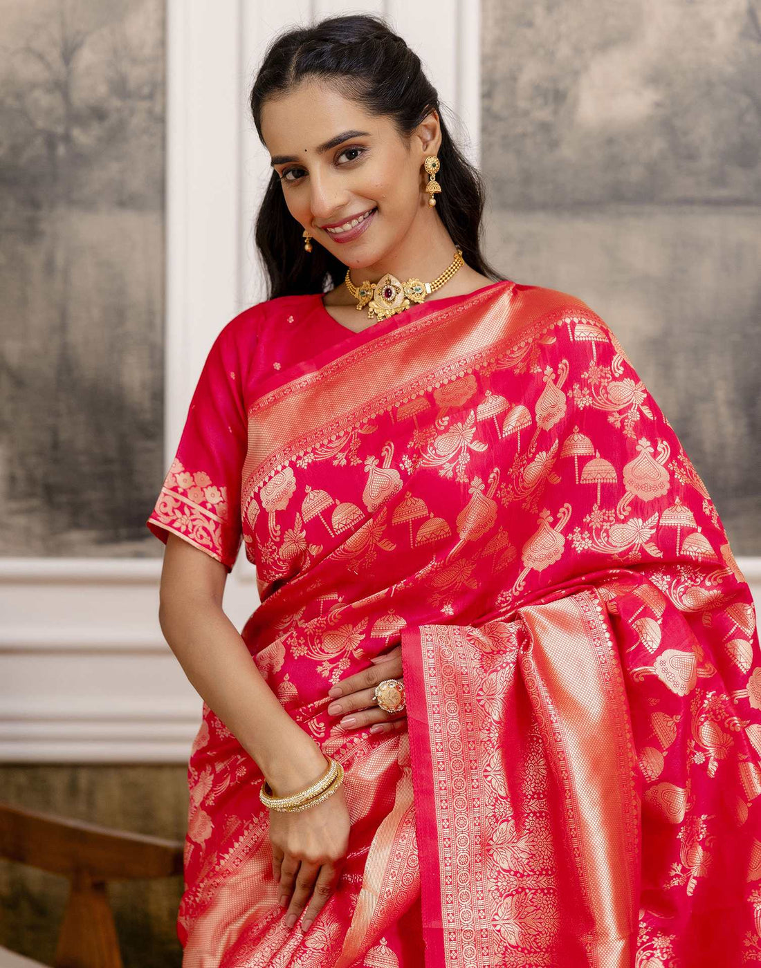 Bright Pink Silk Woven Saree