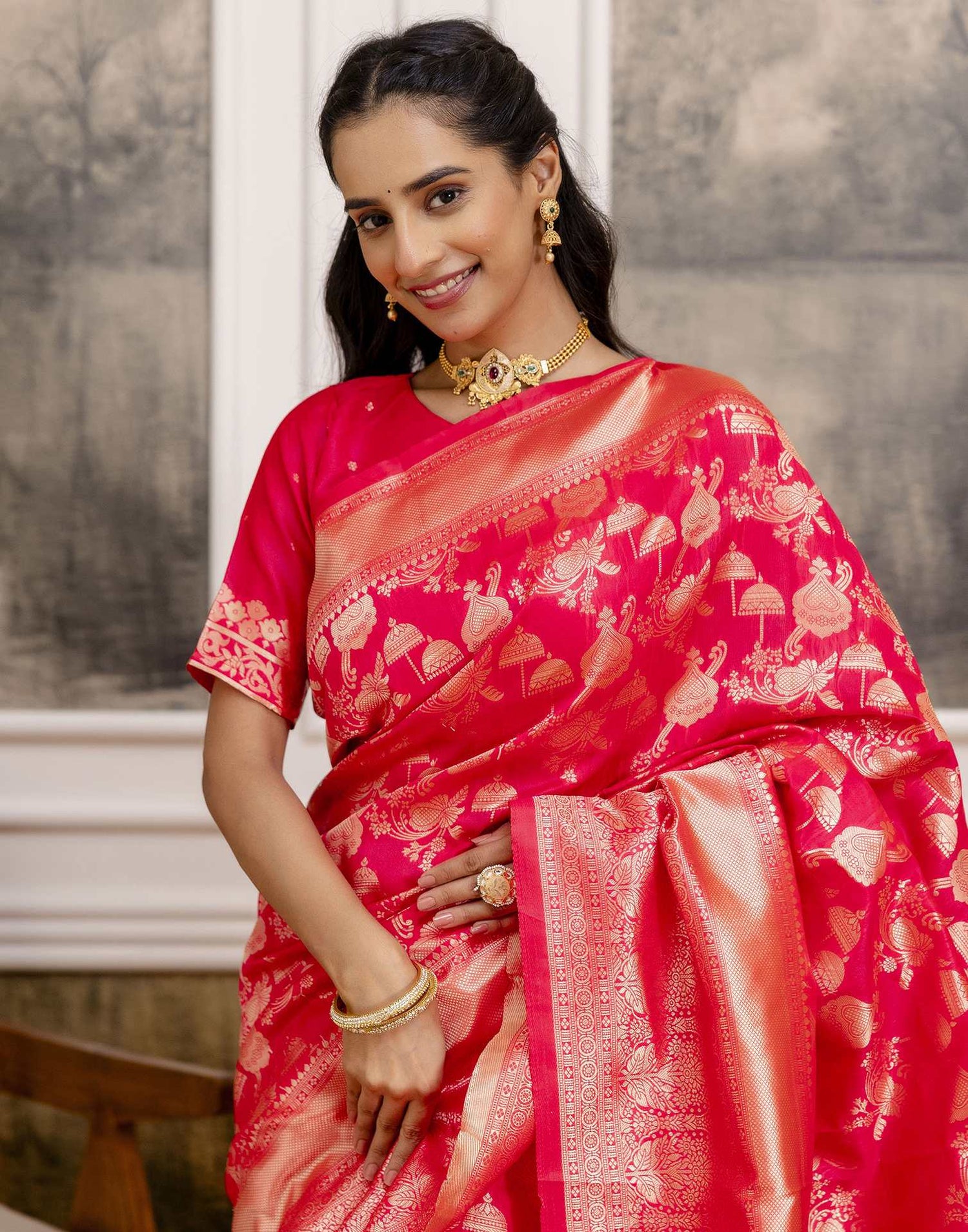 Bright Pink Silk Woven Saree