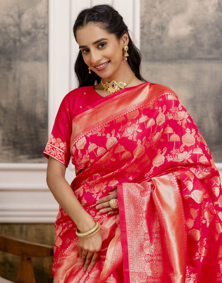 Bright Pink Silk Woven Banarasi Saree