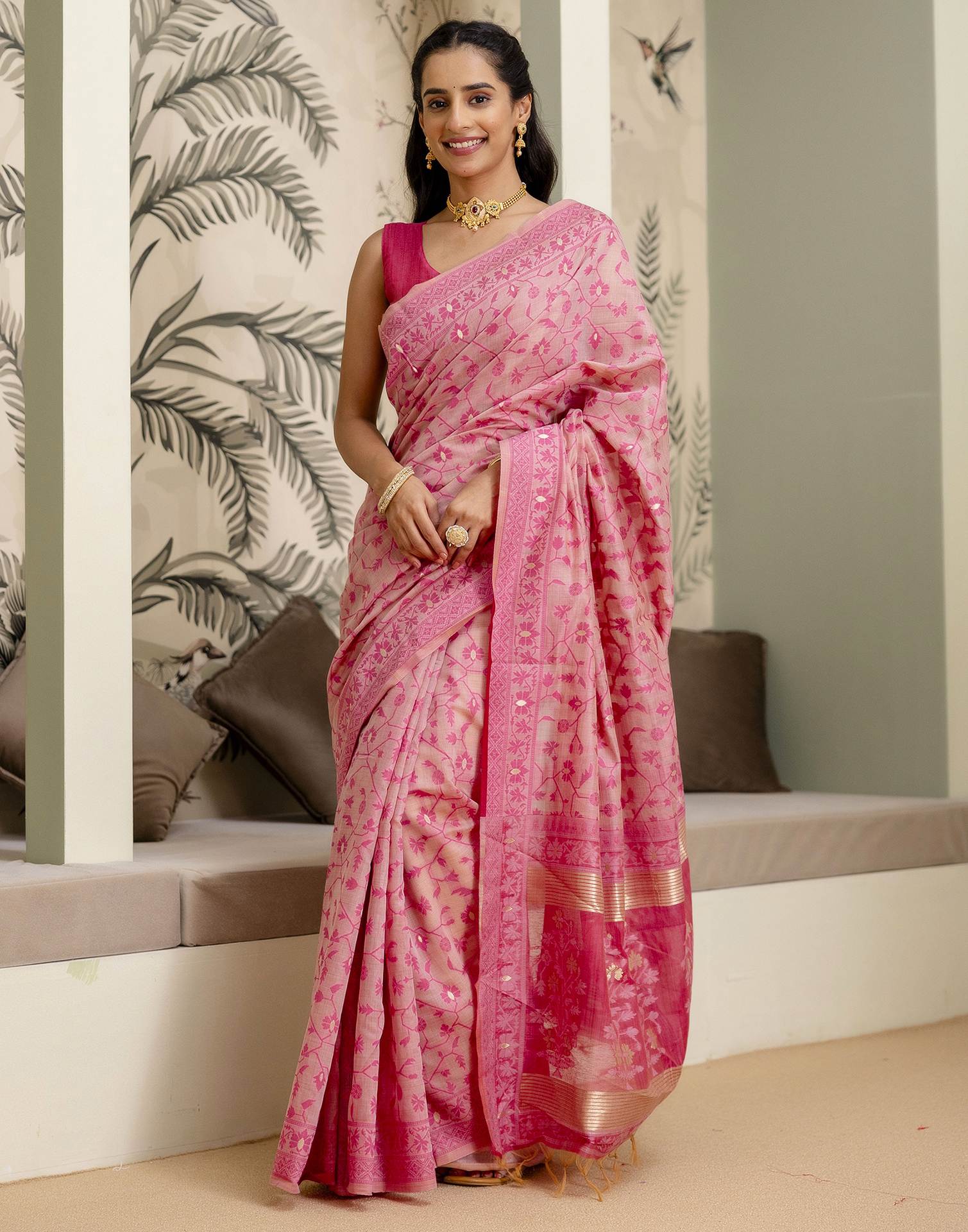 Rose Pink Cotton Woven Saree