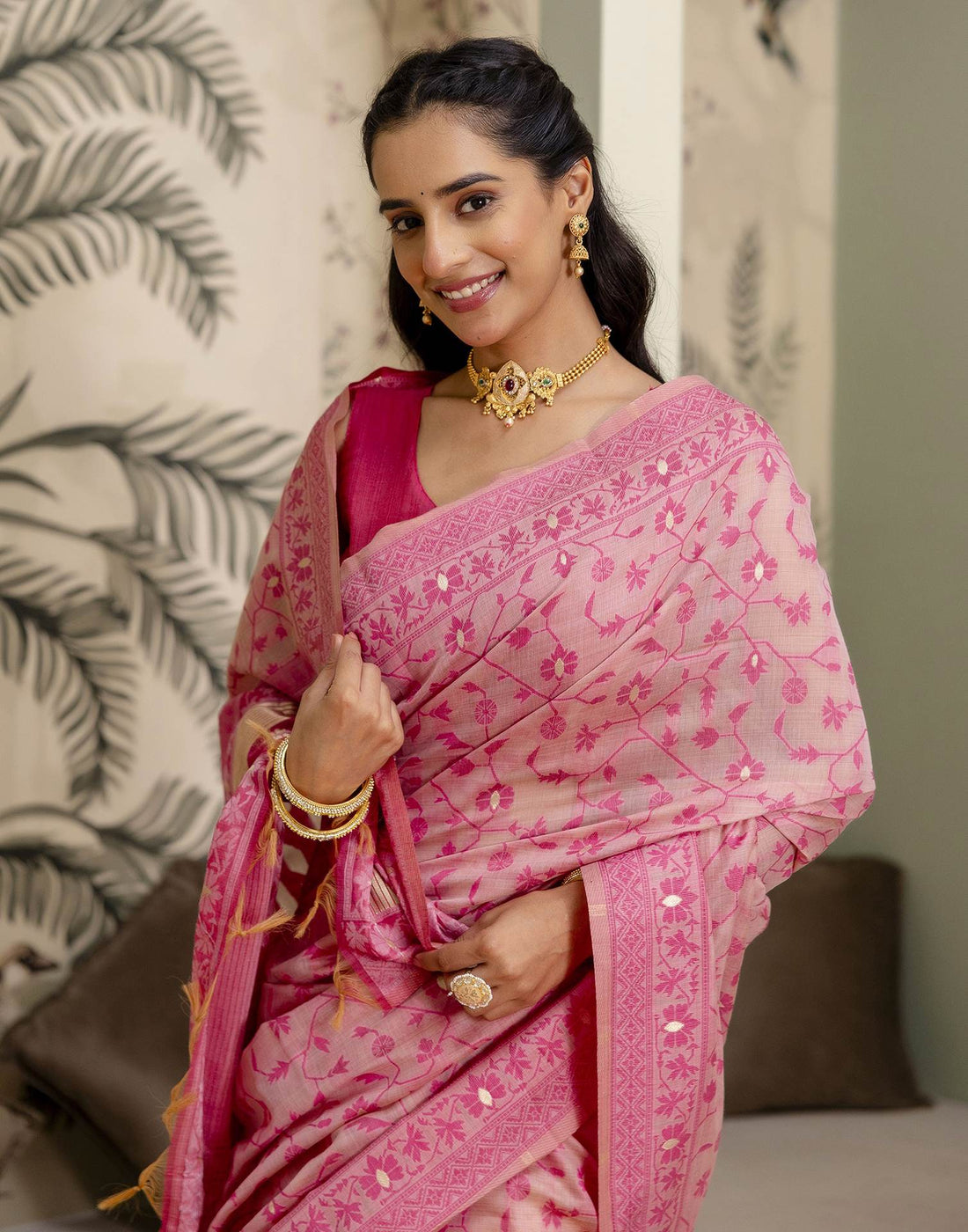 Rose Pink Cotton Woven Saree