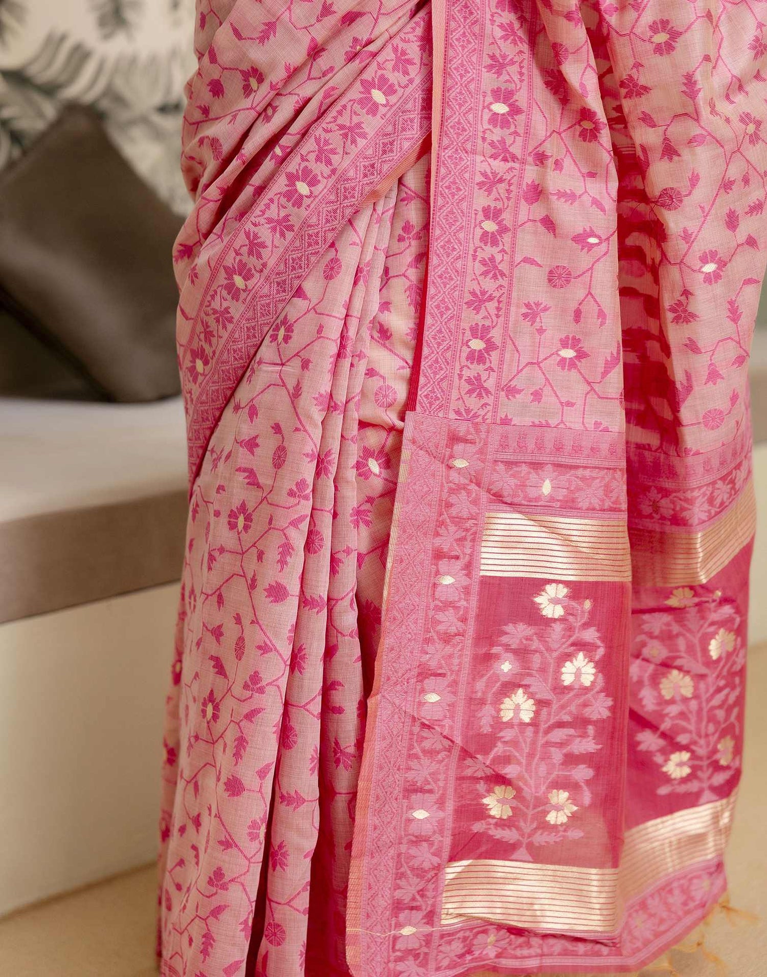 Rose Pink Cotton Woven Saree