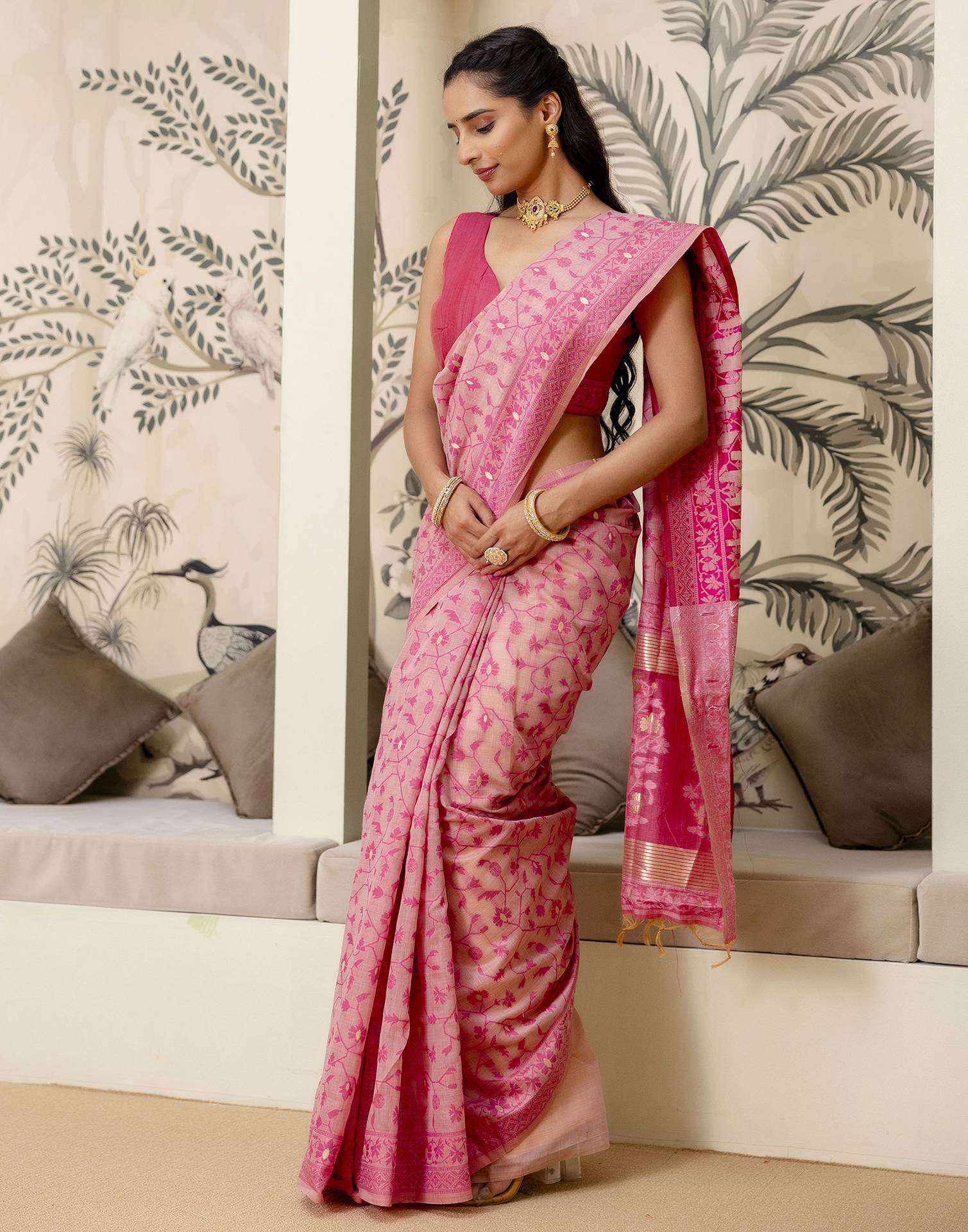 Rose Pink Cotton Woven Saree