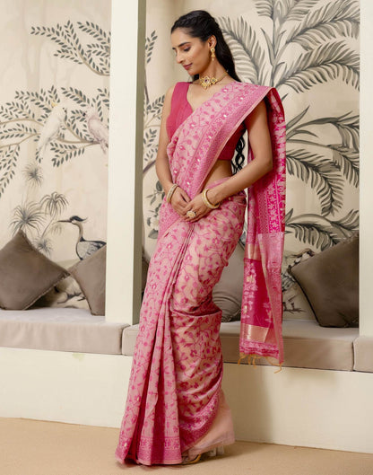 Rose Pink Cotton Woven Saree