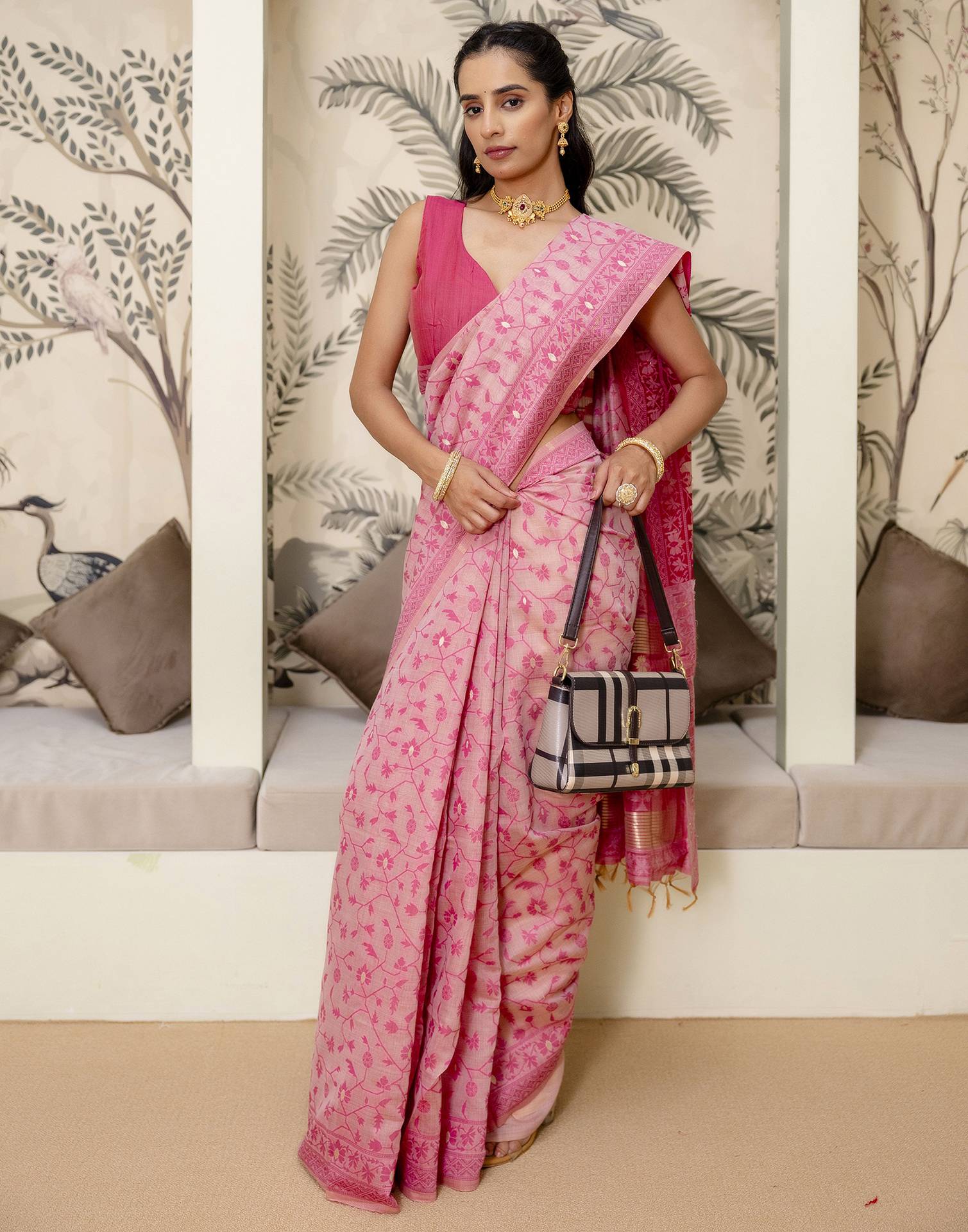 Rose Pink Cotton Woven Saree