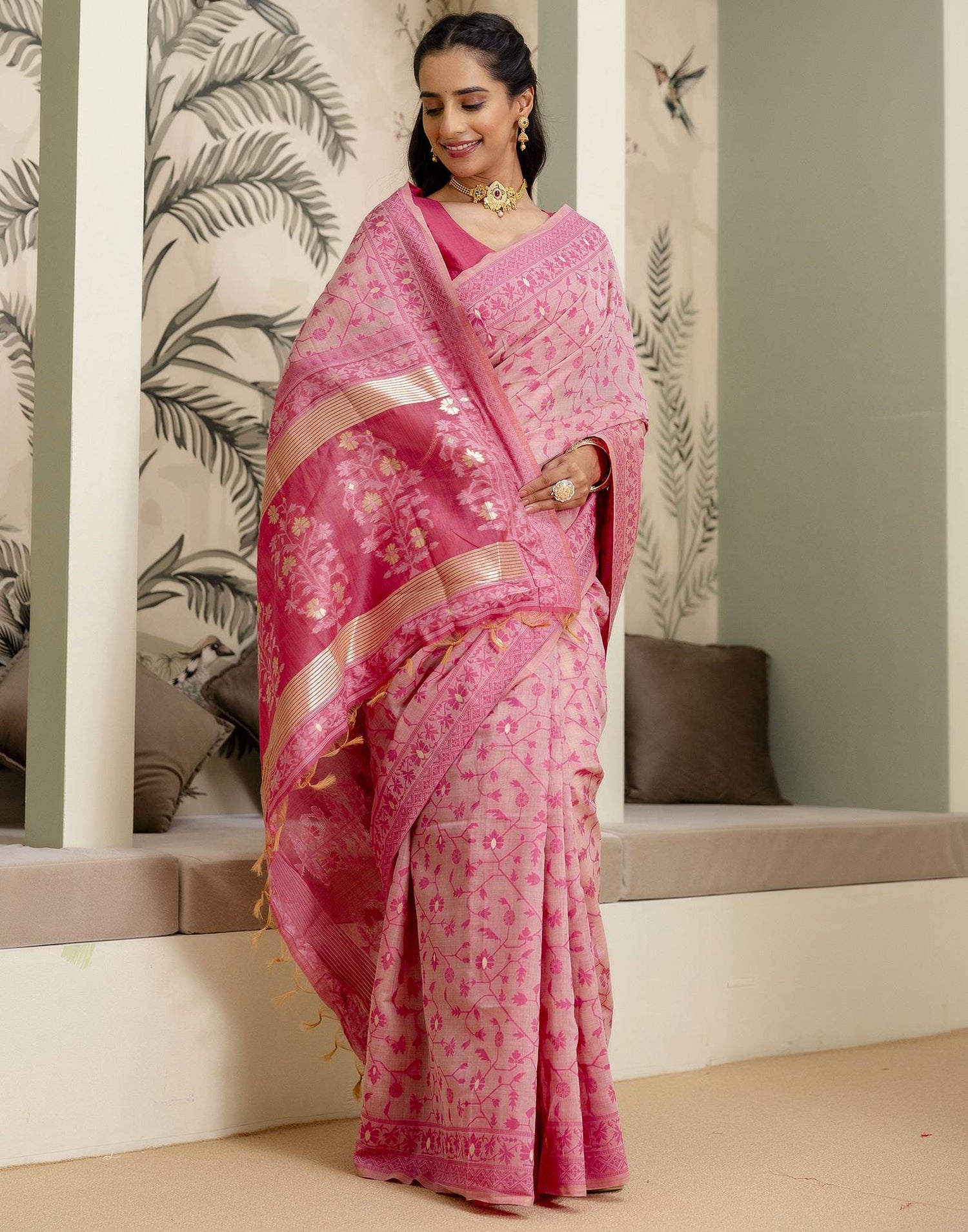 Rose Pink Cotton Woven Saree