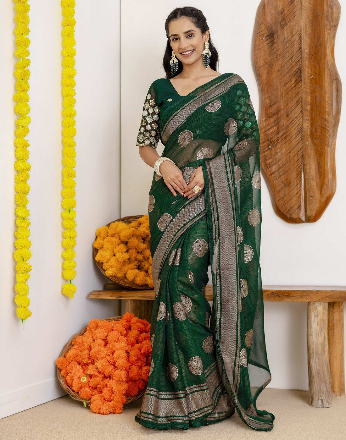 Dark Green Georgette Foil Printed Saree
