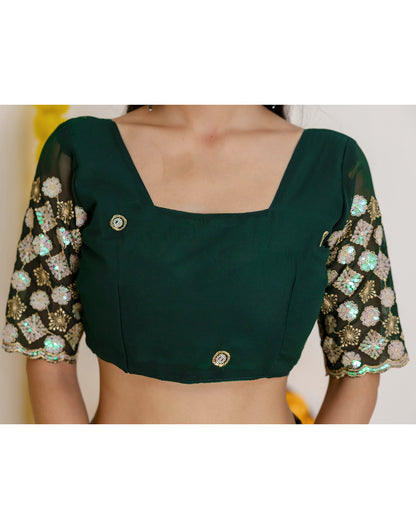 Dark Green Georgette Foil Printed Saree