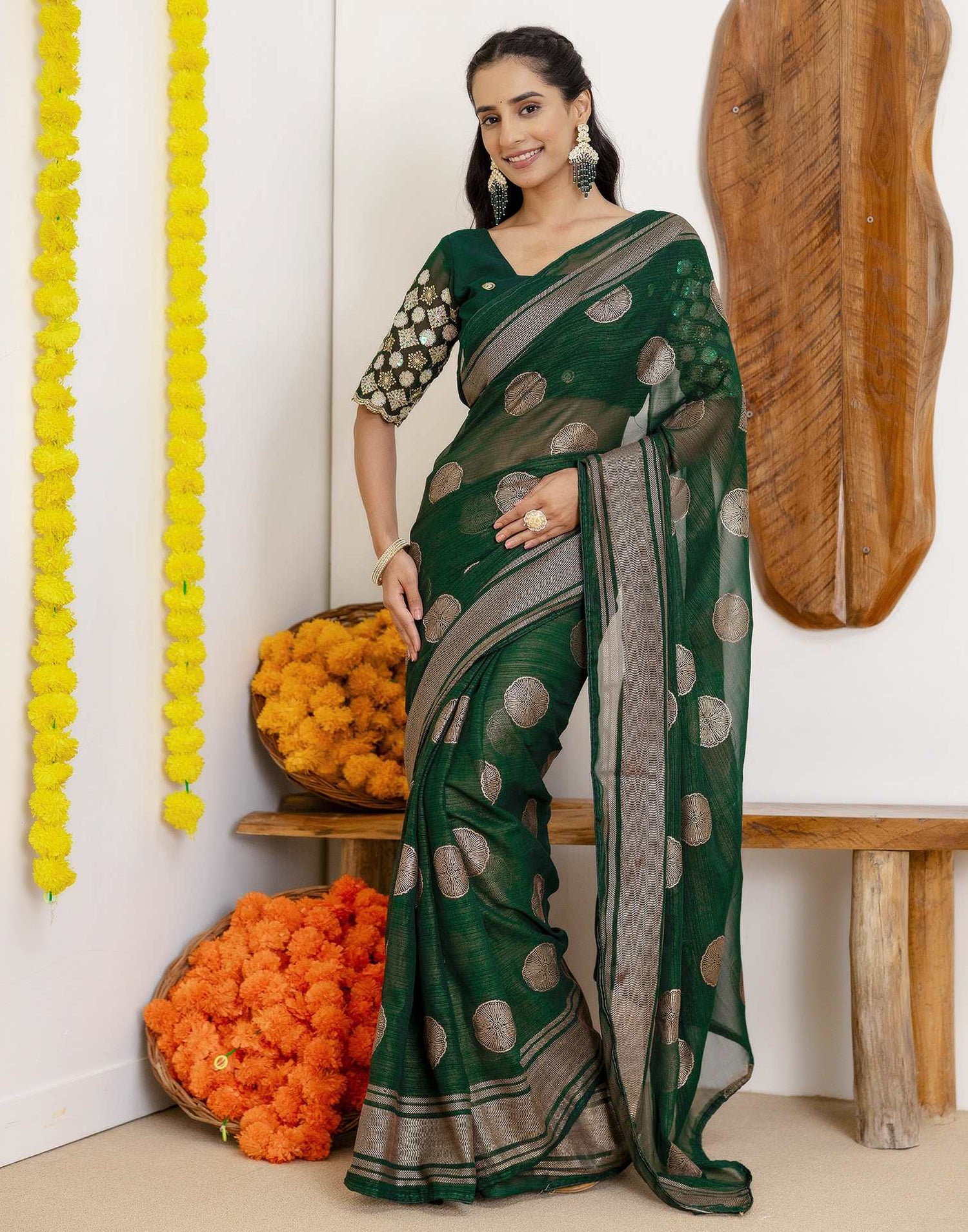 Dark Green Georgette Foil Printed Saree