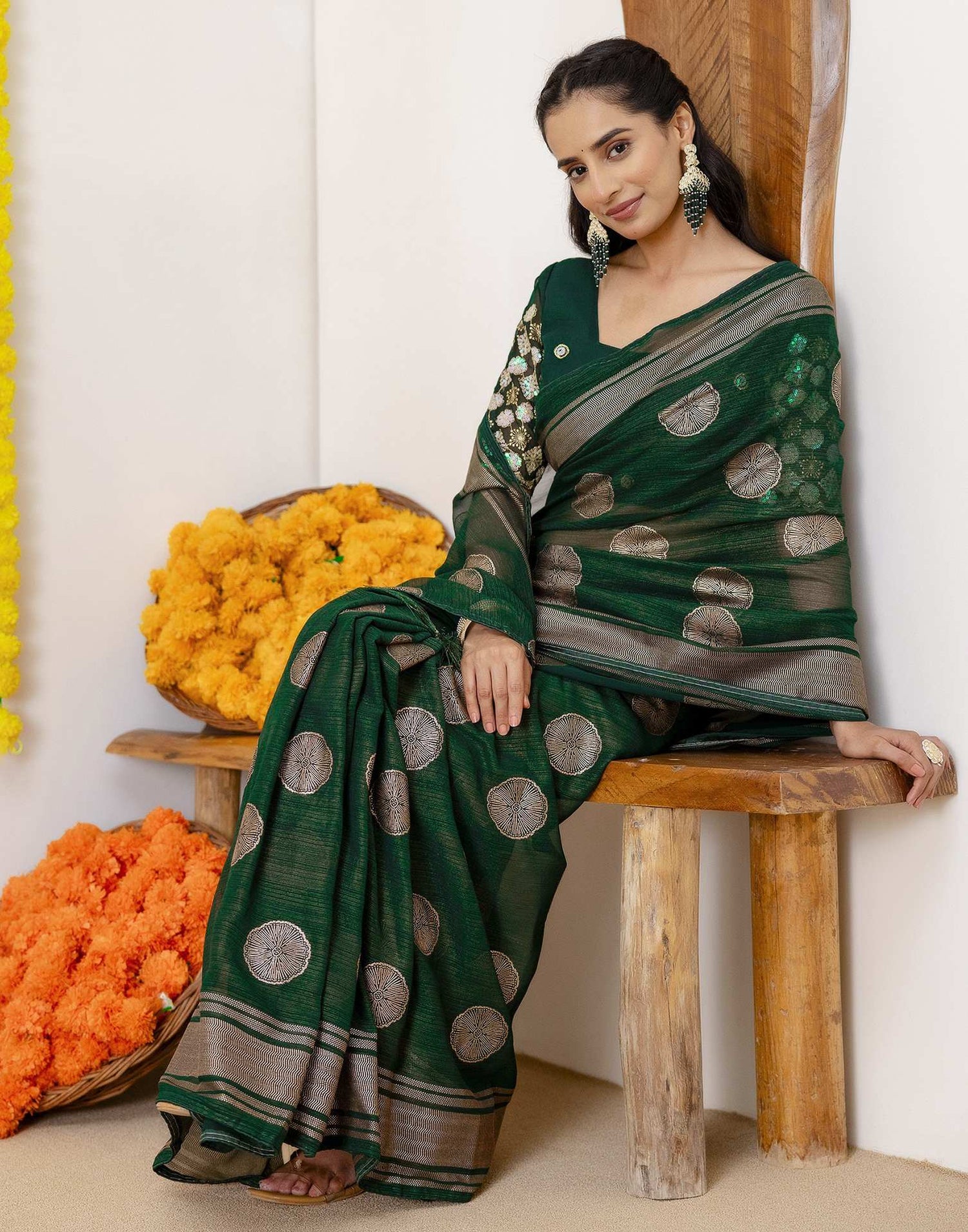 Dark Green Georgette Foil Printed Saree