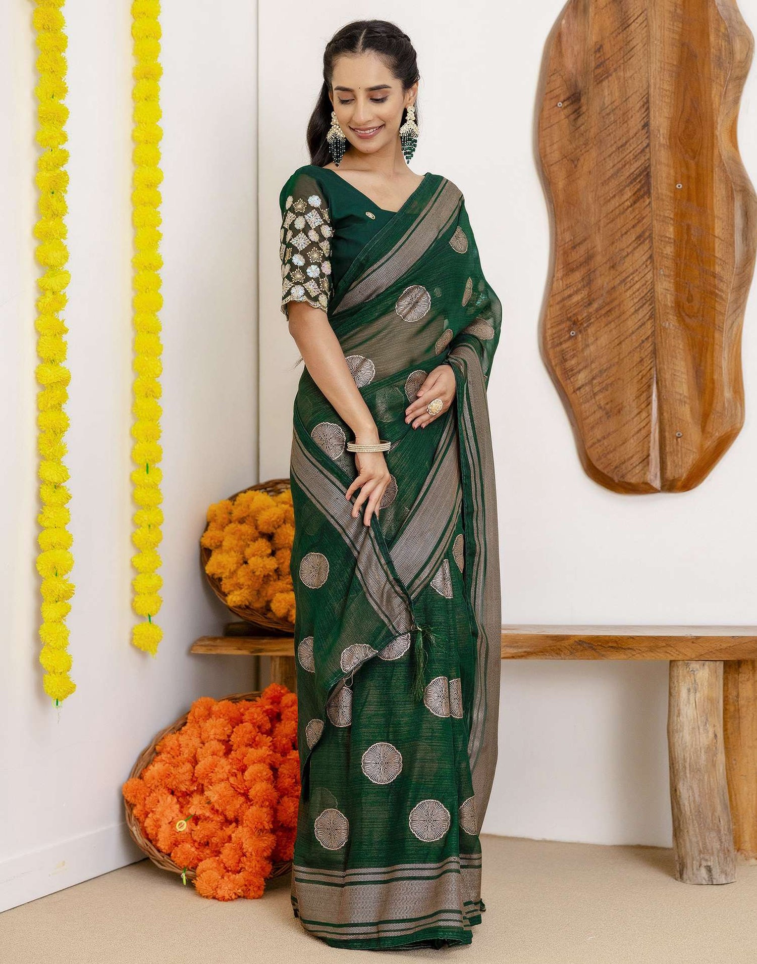 Dark Green Georgette Foil Printed Saree