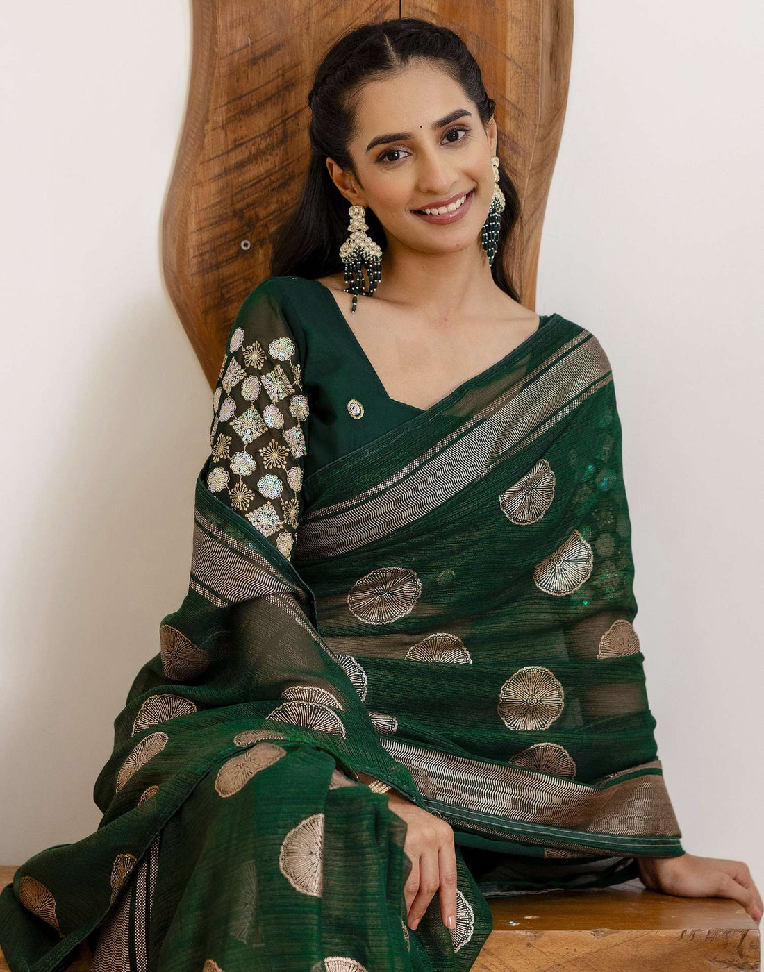 Dark Green Georgette Foil Printed Saree