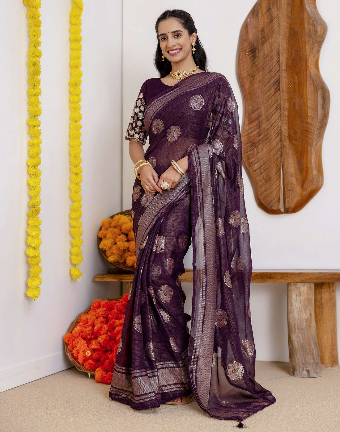 Wine Georgette Foil Printed Saree