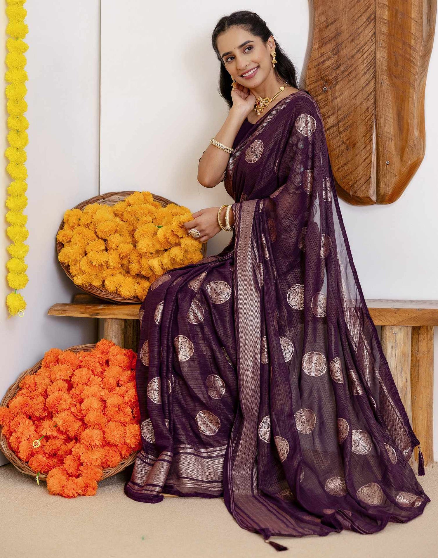 Wine Georgette Foil Printed Saree