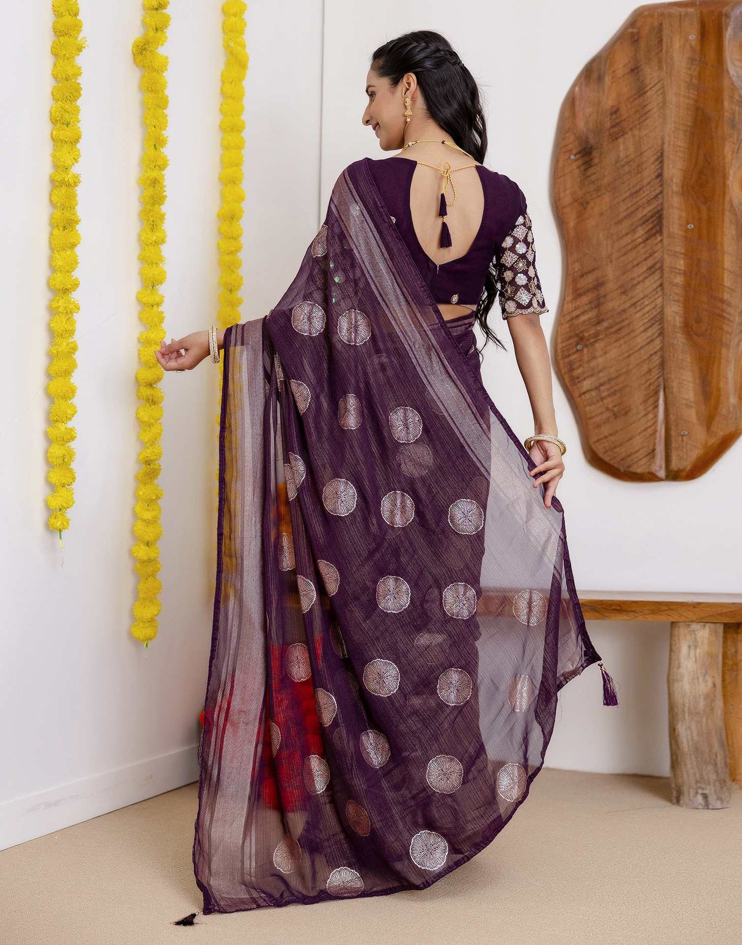 Wine Georgette Foil Printed Saree