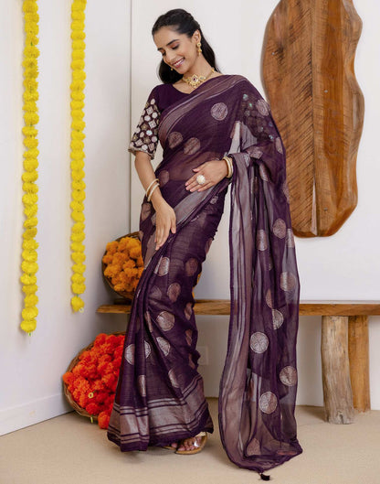 Wine Georgette Foil Printed Saree