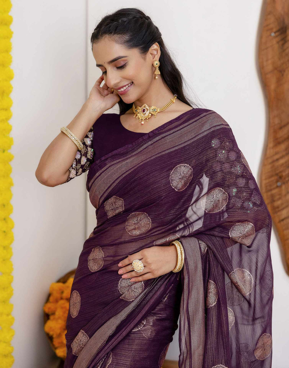 Wine Georgette Foil Printed Saree
