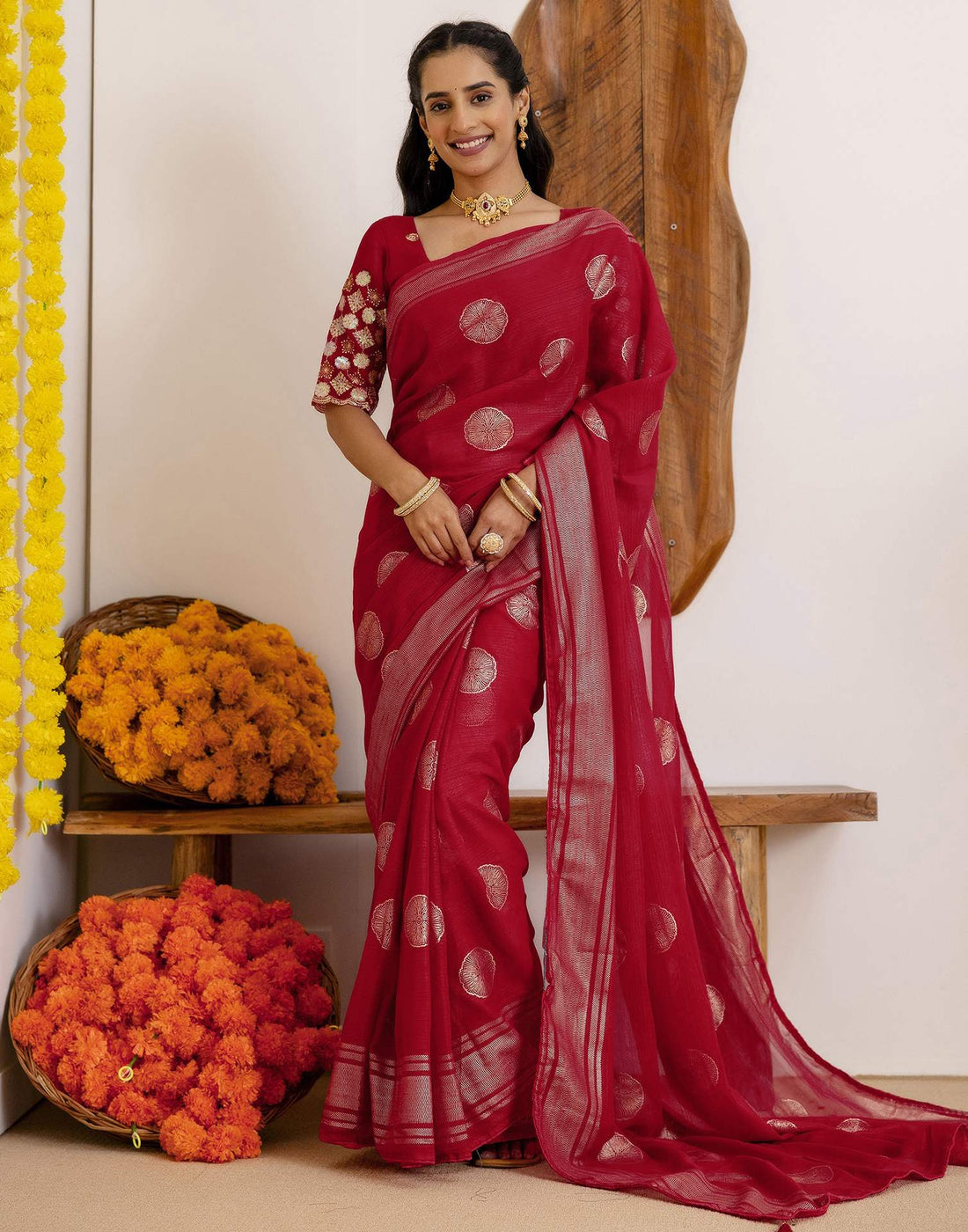 Dark Rani Pink Georgette Foil Printed Saree