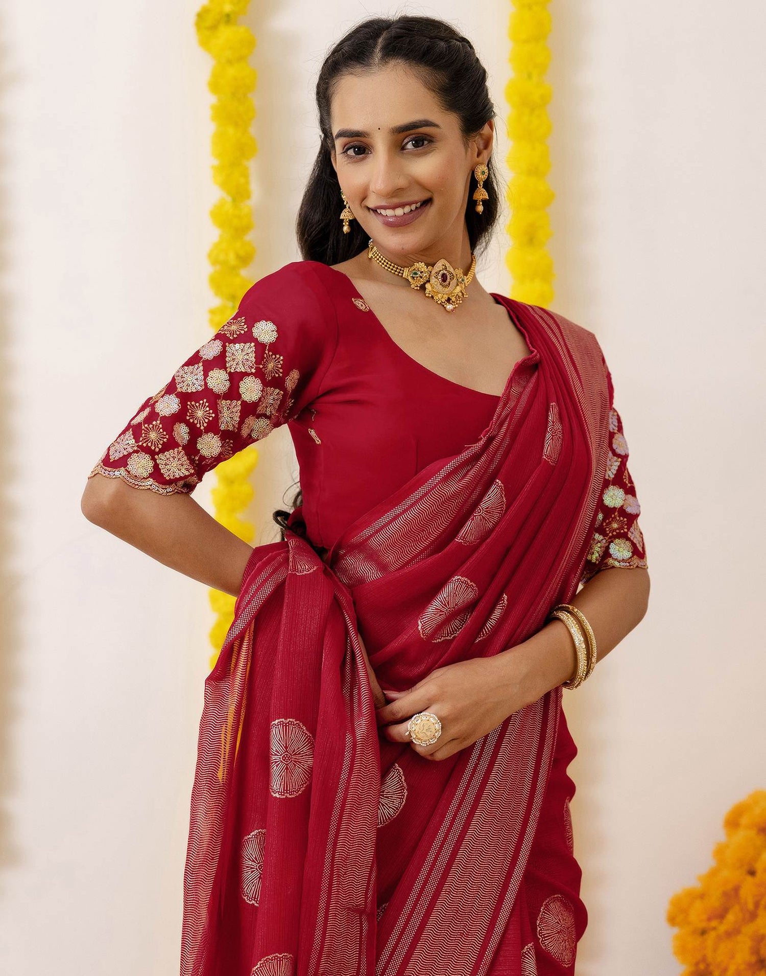 Dark Rani Pink Georgette Foil Printed Saree