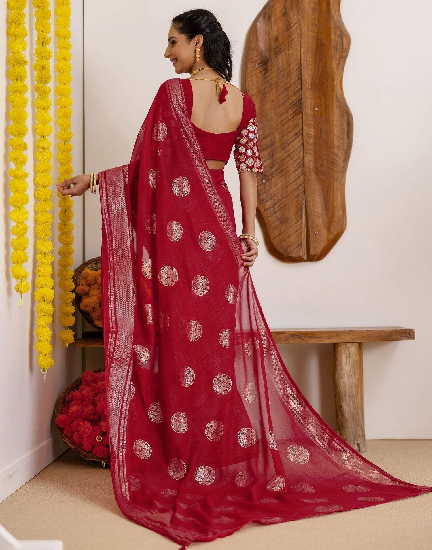 Dark Rani Pink Georgette Foil Printed Saree