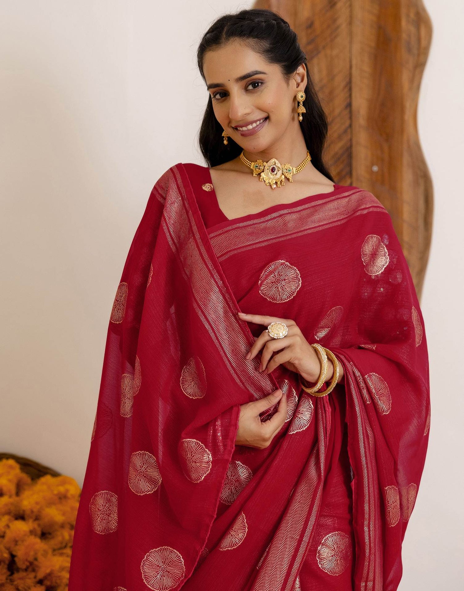 Dark Rani Pink Georgette Foil Printed Saree