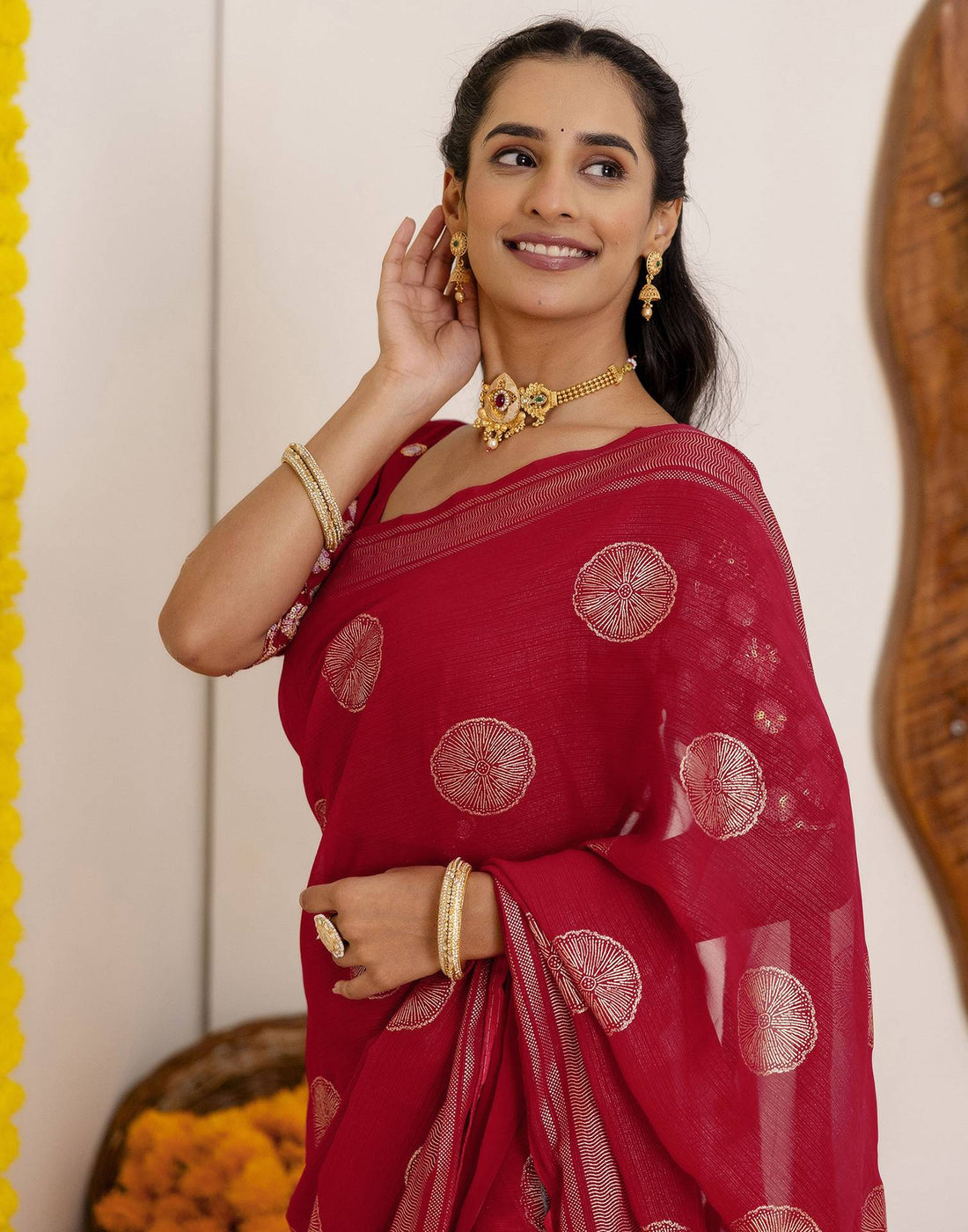 Dark Rani Pink Georgette Foil Printed Saree