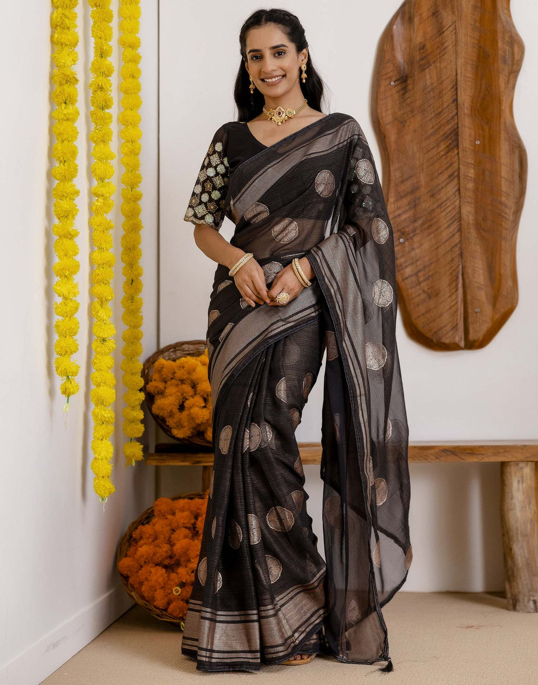 Black Georgette Foil Printed Saree