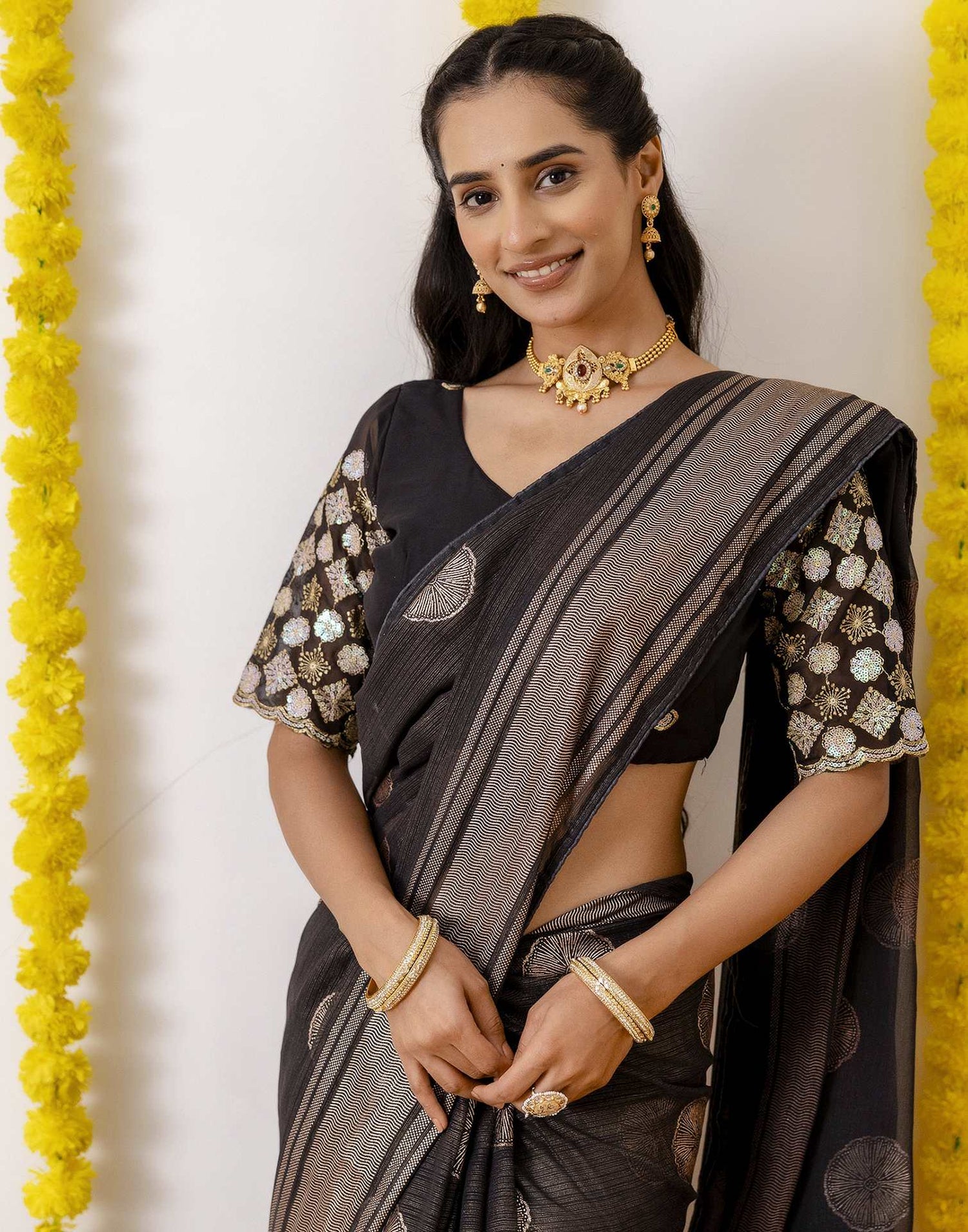 Black Georgette Foil Printed Saree