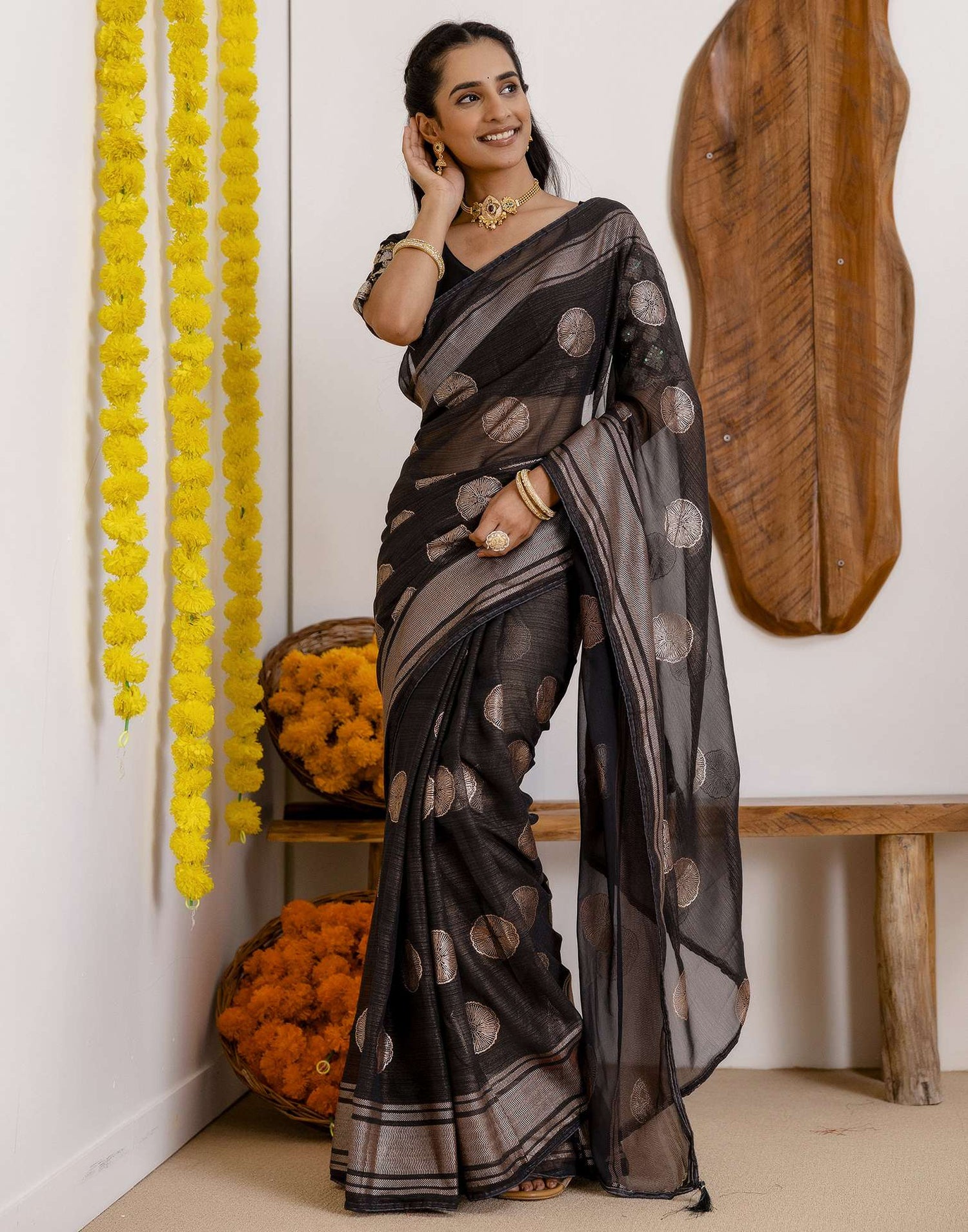 Black Georgette Foil Printed Saree