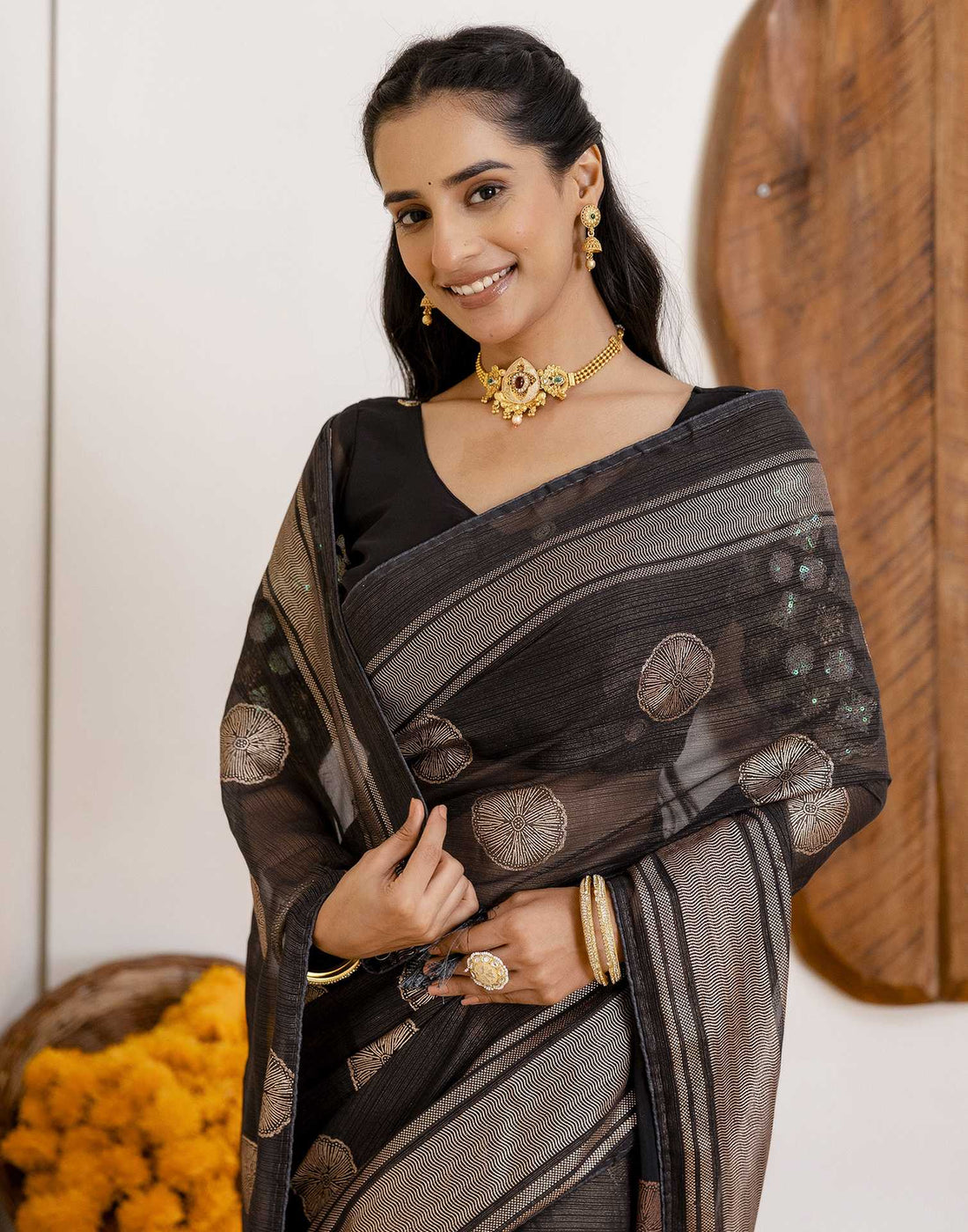 Black Georgette Foil Printed Saree