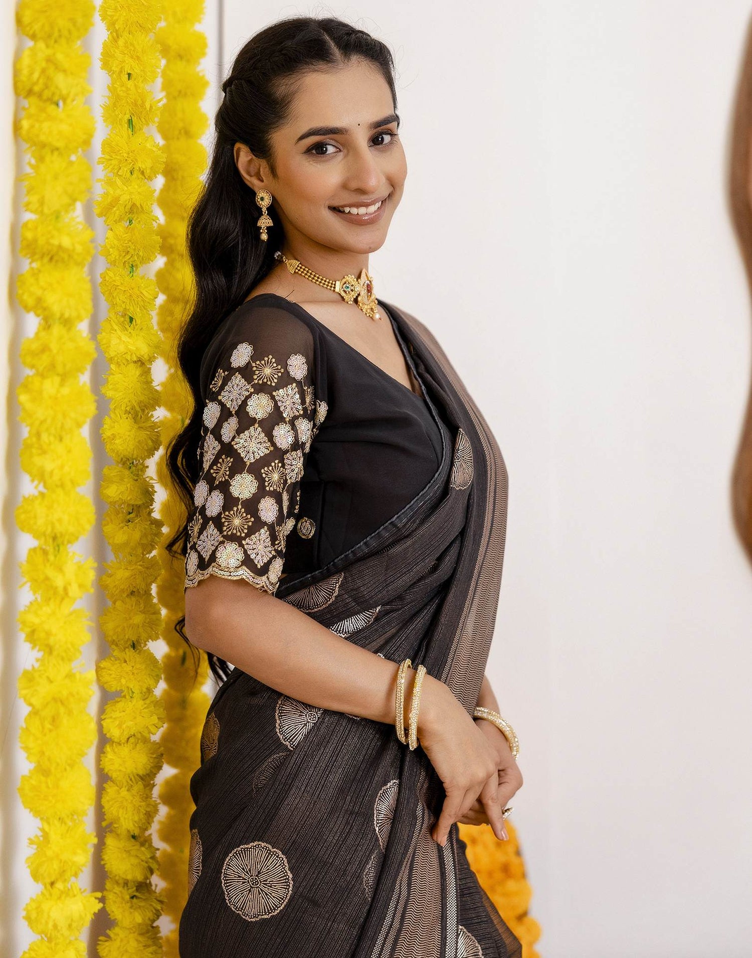 Black Georgette Foil Printed Saree